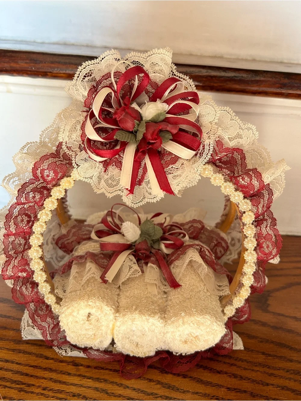 Cottage Core Lace Ribbon Decorative Basket with Rolled Towels - Cream & Burgundy